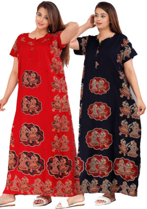 Cotton Nighty for Women || Long Length Printed Nighty/Maxi/Night Gown/Night Dress/Nightwear Inner & Sleepwear for Women's (Combo Pack of 2) (DSMF051-Nighty (P2)Red Blue)