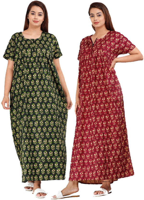 Cotton Nighty for Women || Long Length Printed Nighty/Maxi/Night Gown/Night Dress/Nightwear Inner & Sleepwear for Women's (Combo Pack of 2) (DSMF052-Nighty (P2)Green Maroon)