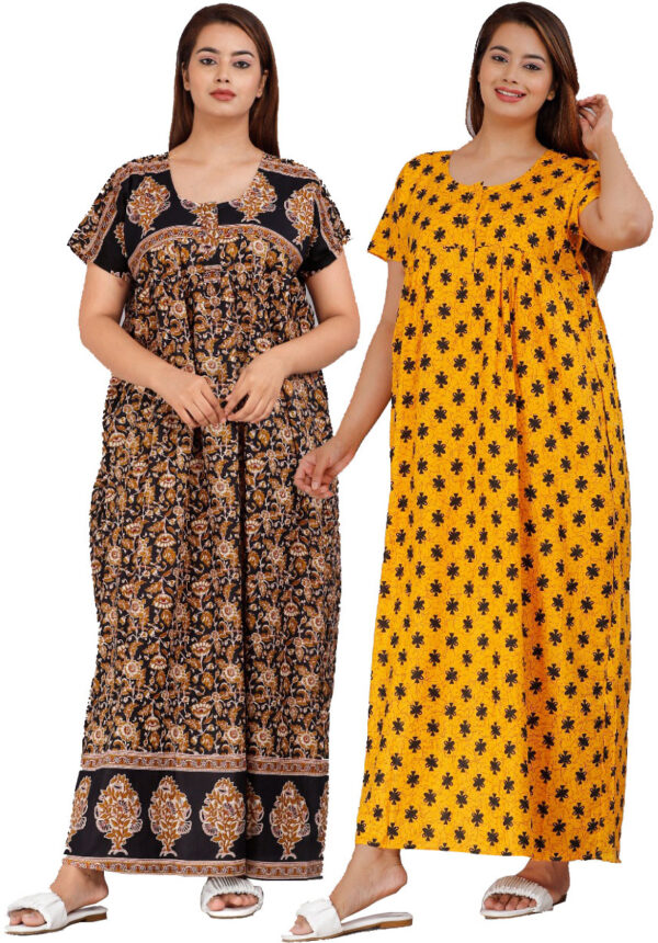Cotton Nighty for Women || Long Length Printed Nighty/Maxi/Night Gown/Night Dress/Nightwear Inner & Sleepwear for Women's (Combo Pack of 2) (DSMF053-Nighty (P2)Black Yellow)