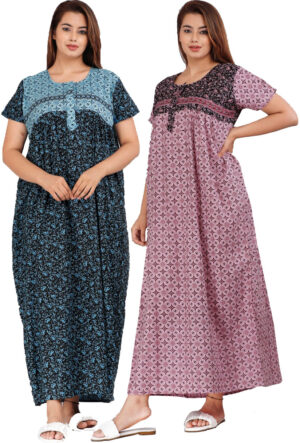 Cotton Nighty for Women || Long Length Printed Nighty/Maxi/Night Gown/Night Dress/Nightwear Inner & Sleepwear for Women's (Combo Pack of 2) (DSMF054-Nighty (P2)Blue Pink)