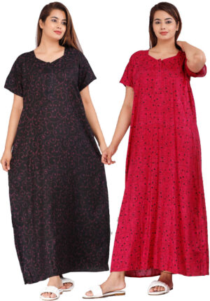 Cotton Nighty for Women || Long Length Printed Nighty/Maxi/Night Gown/Night Dress/Nightwear Inner & Sleepwear for Women's (Combo Pack of 2) (DSMF055-Nighty (P2)Pink Black)