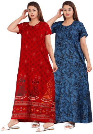 Cotton Nighty for Women || Long Length Printed Nighty/Maxi/Night Gown/Night Dress/Nightwear Inner & Sleepwear for Women's (Combo Pack of 2) (DSMF056-Nighty (P2)Red Blue)