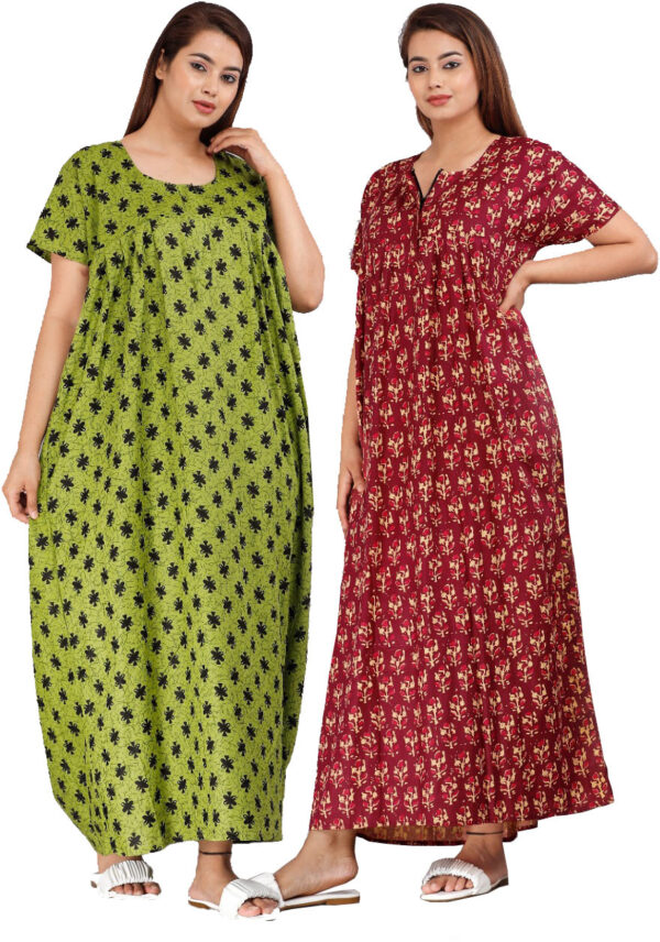 Cotton Nighty for Women || Long Length Printed Nighty/Maxi/Night Gown/Night Dress/Nightwear Inner & Sleepwear for Women's (Combo Pack of 2) (DSMF057-Nighty (P2)Green Maroon)