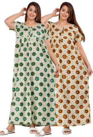 Cotton Nighty for Women || Long Length Printed Nighty/Maxi/Night Gown/Night Dress/Nightwear Inner & Sleepwear for Women's (Combo Pack of 2) (DSMF058-Nighty (P2)Yellow Green)