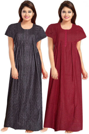 Cotton Nighty for Women || Long Length Printed Nighty/Maxi/Night Gown/Night Dress/Nightwear Inner & Sleepwear for Women's (Combo Pack of 2) (DSMF059-Nighty (P2)Black Maroon)