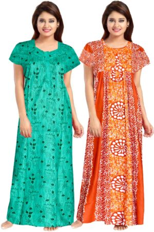 100% Cotton Nighty for Women || Long Length Printed Nighty/Maxi/Night Gown/Night Dress/Nightwear Inner & Sleepwear for Women's (Combo Pack of 2) (Green Orange)-DSMF111-Nighty (P2)Green Orange