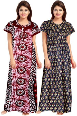100% Cotton Nighty for Women || Long Length Printed Nighty/Maxi/Night Gown/Night Dress/Nightwear Inner & Sleepwear for Women's (Combo Pack of 2) (Red Black-DSMF112-Nighty (P2)Red Black