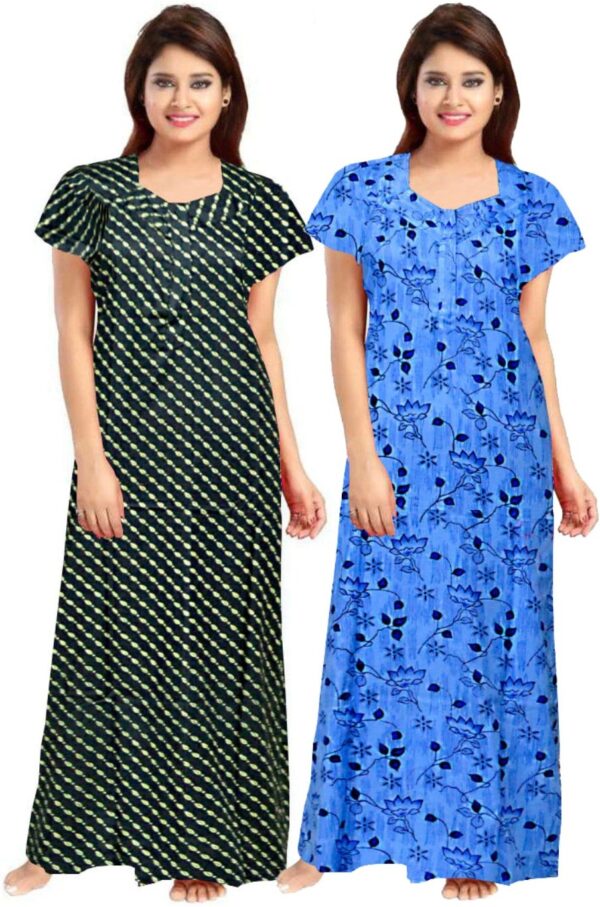 100% Cotton Nighty for Women || Long Length Printed Nighty/Maxi/Night Gown/Night Dress/Nightwear Inner & Sleepwear for Women's (Combo Pack of 2) (Green Blue)-DSMF114-Nighty (P2)Green Blue