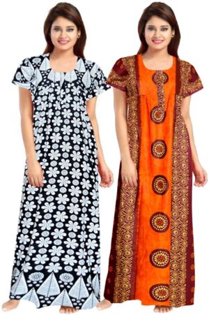 100% Cotton Nighty for Women || Long Length Printed Nighty/Maxi/Night Gown/Night Dress/Nightwear Inner & Sleepwear for Women's (Combo Pack of 2) (White Orange)-DSMF115-Nighty (P2)White Orange