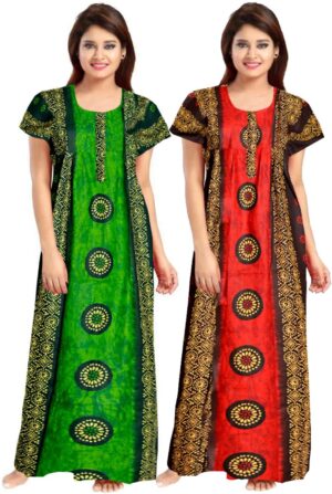 100% Cotton Nighty for Women || Long Length Printed Nighty/Maxi/Night Gown/Night Dress/Nightwear Inner & Sleepwear for Women's (Combo Pack of 2) (Green Red)-DSMF116-Nighty (P2)Green Red