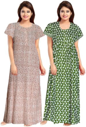 100% Cotton Nighty for Women || Long Length Printed Nighty/Maxi/Night Gown/Night Dress/Nightwear Inner & Sleepwear for Women's (Combo Pack of 2) (Grey Green)-DSMF117-Nighty (P2)Grey Green