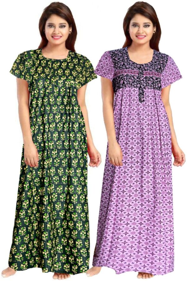 100% Cotton Nighty for Women || Long Length Printed Nighty/Maxi/Night Gown/Night Dress/Nightwear Inner & Sleepwear for Women's (Combo Pack of 2) (Green Pink)-DSMF118-Nighty (P2)Green Pink