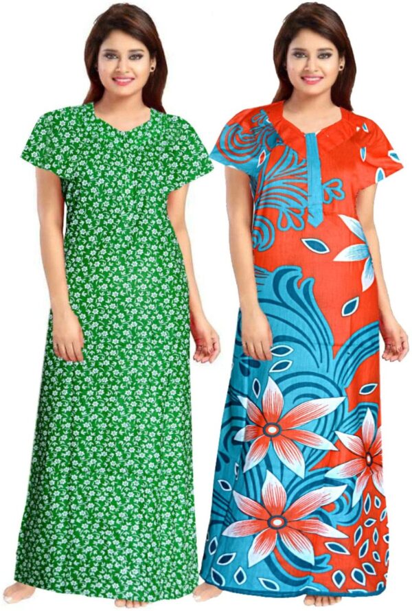 100% Cotton Nighty for Women || Long Length Printed Nighty/Maxi/Night Gown/Night Dress/Nightwear Inner & Sleepwear for Women's (Combo Pack of 2) (Multicolor)-DSMF119-Nighty (P2)Multicolor