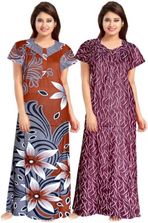 100% Cotton Nighty for Women || Long Length Printed Nighty/Maxi/Night Gown/Night Dress/Nightwear Inner & Sleepwear for Women's (Combo Pack of 2) (Grey Maroon)-DSMF120-Nighty (P2)Grey Maroon