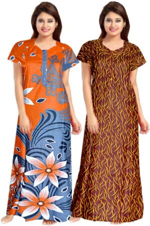 100% Cotton Nighty for Women || Long Length Printed Nighty/Maxi/Night Gown/Night Dress/Nightwear Inner & Sleepwear for Women's (Combo Pack of 2) (Orange Yellow)-DSMF121-Nighty (P2)Orange Yellow