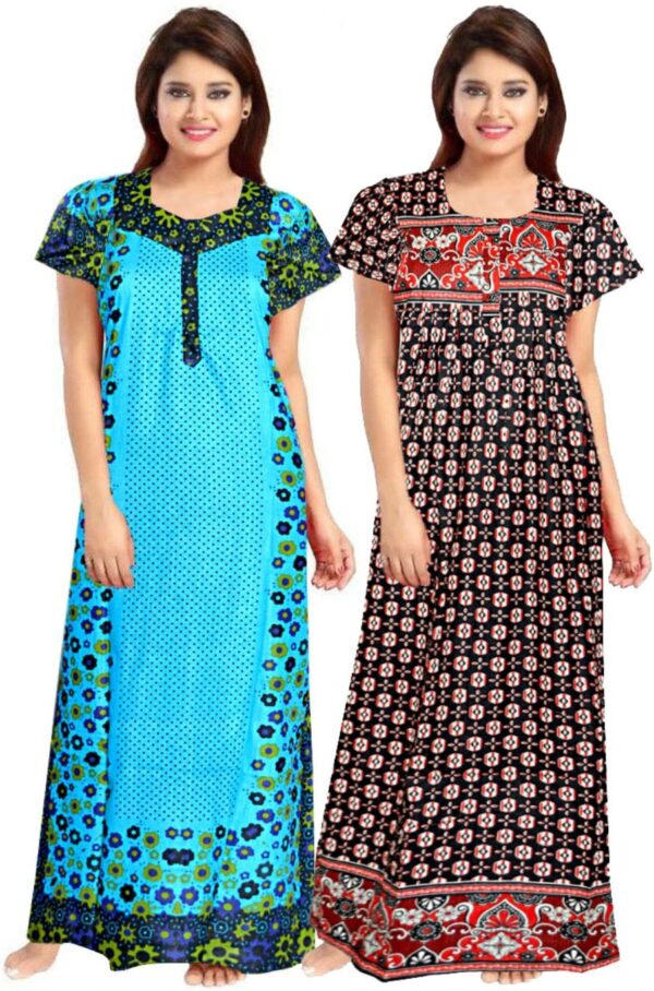 100% Cotton Nighty for Women || Long Length Printed Nighty/Maxi/Night Gown/Night Dress/Nightwear Inner & Sleepwear for Women's (Combo Pack of 2) (Blue Red)-DSMF122-Nighty (P2)Blue Red