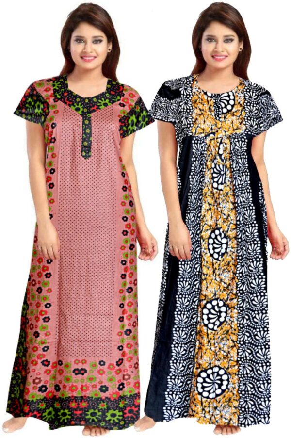 100% Cotton Nighty for Women || Long Length Printed Nighty/Maxi/Night Gown/Night Dress/Nightwear Inner & Sleepwear for Women's (Combo Pack of 2) (Multicolor)-DSMF123-Nighty (P2)Multicolor