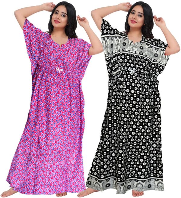 100% Cotton Nighty for Women || Long Length Printed Nighty/Maxi/Night Gown/Night Dress/Nightwear Inner & Sleepwear for Women's (Combo Pack of 2)(Pink Black)-DSMF124-Nighty (P2)Pink Black