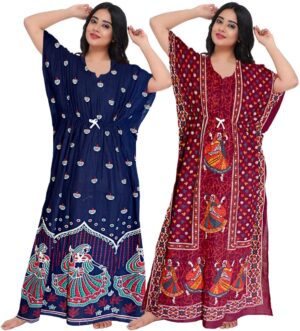 100% Cotton Nighty for Women || Long Length Printed Nighty/Maxi/Night Gown/Night Dress/Nightwear Inner & Sleepwear for Women's (Combo Pack of 2) (Blue Maroon)-DSMF125-Nighty (P2)Blue Maroon
