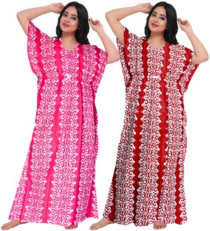 100% Cotton Nighty for Women || Long Length Printed Nighty/Maxi/Night Gown/Night Dress/Nightwear Inner & Sleepwear for Women's (Combo Pack of 2) (Pink Maroon)-DSMF126-Nighty (P2)Pink Maroon