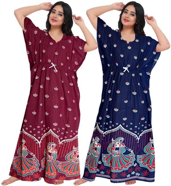 100% Cotton Nighty for Women || Long Length Printed Nighty/Maxi/Night Gown/Night Dress/Nightwear Inner & Sleepwear for Women's (Combo Pack of 2) (Maroon Blue)-DSMF127-Nighty (P2)Maroon Blue