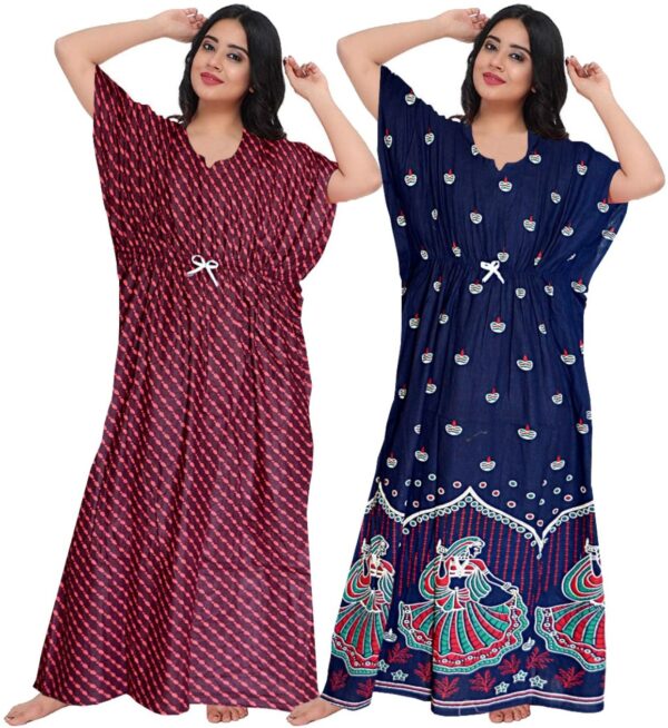 100% Cotton Nighty for Women || Long Length Printed Nighty/Maxi/Night Gown/Night Dress/Nightwear Inner & Sleepwear for Women's (Combo Pack of 2) (Red Blue)-DSMF128-Nighty (P2)Red Blue