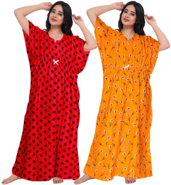 100% Cotton Nighty for Women || Long Length Printed Nighty/Maxi/Night Gown/Night Dress/Nightwear Inner & Sleepwear for Women's (Combo Pack of 2) (Red Yellow)-DSMF129-Nighty (P2)Red Yellow