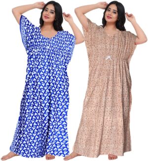 100% Cotton Nighty for Women || Long Length Printed Nighty/Maxi/Night Gown/Night Dress/Nightwear Inner & Sleepwear for Women's (Combo Pack of 2) (Blue Grey)-DSMF130-Nighty (P2)Blue Grey