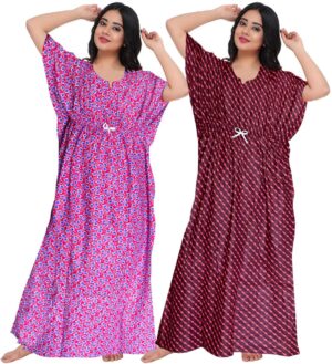 100% Cotton Nighty for Women || Long Length Printed Nighty/Maxi/Night Gown/Night Dress/Nightwear Inner & Sleepwear for Women's (Combo Pack of 2) (Pink Maroon)-DSMF132-Nighty (P2)Pink Maroon