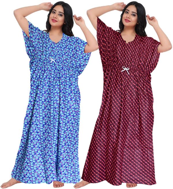100% Cotton Nighty for Women || Long Length Printed Nighty/Maxi/Night Gown/Night Dress/Nightwear Inner & Sleepwear for Women's (Combo Pack of 2) (Blue Maroon)-DSMF133-Nighty (P2)Blue Maroon