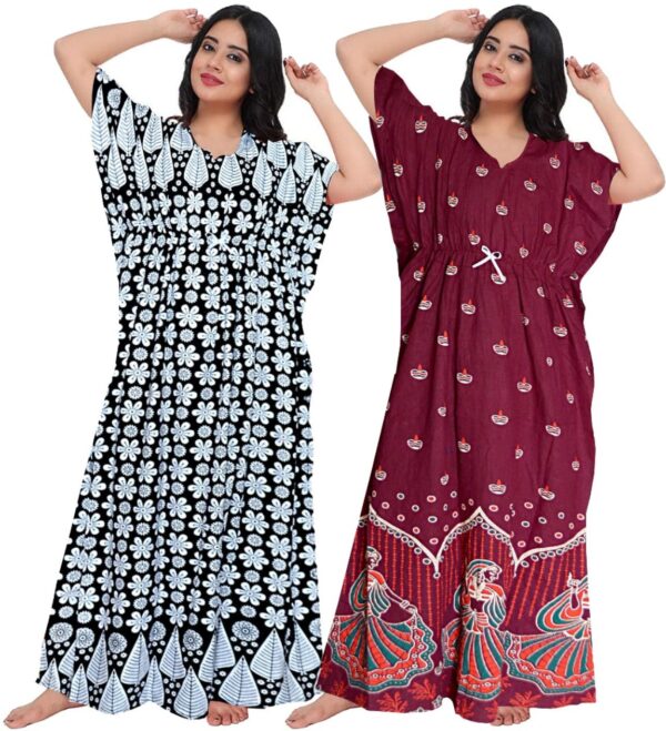 100% Cotton Nighty for Women || Long Length Printed Nighty/Maxi/Night Gown/Night Dress/Nightwear Inner & Sleepwear for Women's (Combo Pack of 2) (Black Maroon)-DSMF134-Nighty (P2)Black Maroon