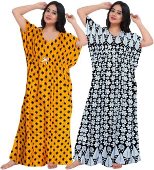 100% Cotton Nighty for Women || Long Length Printed Nighty/Maxi/Night Gown/Night Dress/Nightwear Inner & Sleepwear for Women's (Combo Pack of 2) (Yellow Black)-DSMF135-Nighty (P2)Yellow Black