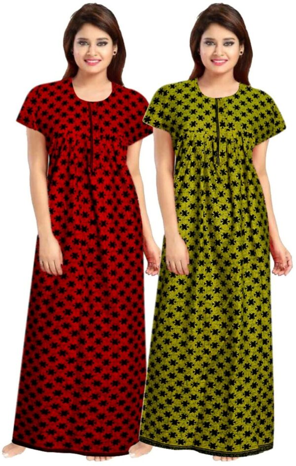 100% Cotton Nighty for Women || Long Length Printed Nighty/Maxi/Night Gown/Night Dress/Nightwear Inner & Sleepwear for Women's (Combo Pack of 2) (Red Green)-DSMF136-Nighty (P2)Red Green