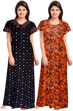 100% Cotton Nighty for Women || Long Length Printed Nighty/Maxi/Night Gown/Night Dress/Nightwear Inner & Sleepwear for Women's (Combo Pack of 2) (Blue Orange)-DSMF137-Nighty (P2)Blue Orange