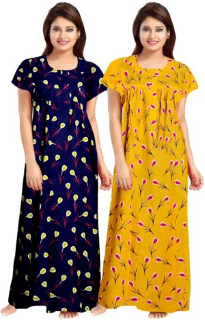 100% Cotton Nighty for Women || Long Length Printed Nighty/Maxi/Night Gown/Night Dress/Nightwear Inner & Sleepwear for Women's (Combo Pack of 2) (Blue Yellow)-DSMF138-Nighty (P2)Blue Yellow