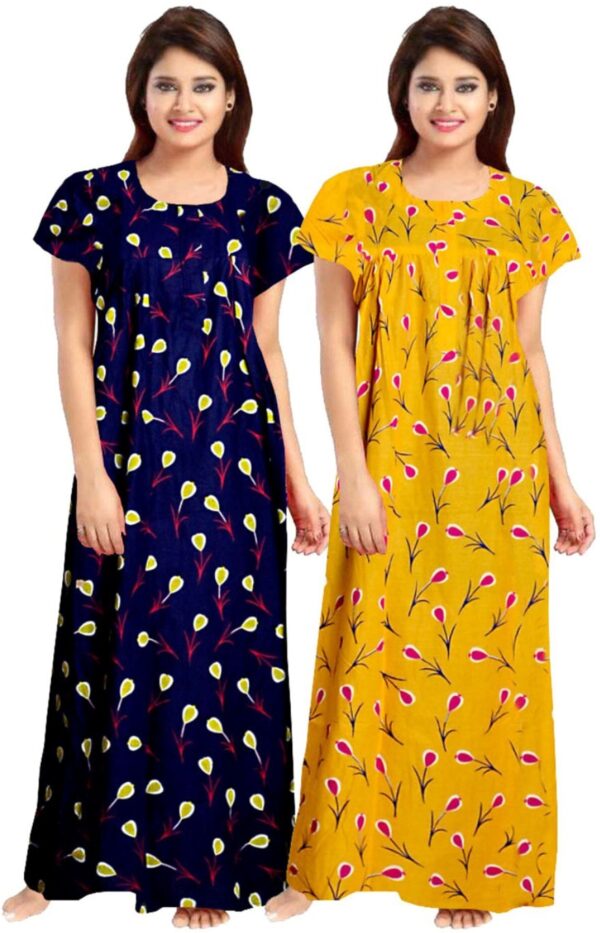 100% Cotton Nighty for Women || Long Length Printed Nighty/Maxi/Night Gown/Night Dress/Nightwear Inner & Sleepwear for Women's (Combo Pack of 2) (Blue Yellow)-DSMF138-Nighty (P2)Blue Yellow