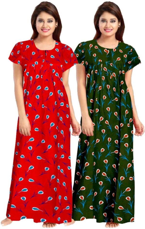 100% Cotton Nighty for Women || Long Length Printed Nighty/Maxi/Night Gown/Night Dress/Nightwear Inner & Sleepwear for Women's (Combo Pack of 2) (Red Green)-DSMF139-Nighty (P2)Red Green