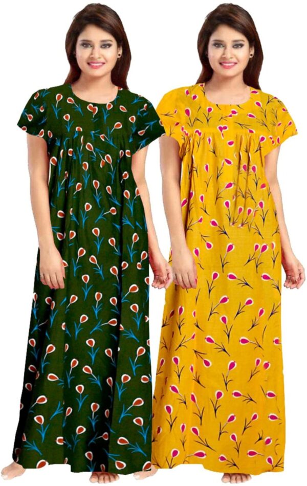 100% Cotton Nighty for Women || Long Length Printed Nighty/Maxi/Night Gown/Night Dress/Nightwear Inner & Sleepwear for Women's (Combo Pack of 2) (Green Yellow)-DSMF140-Nighty (P2)Green Yellow