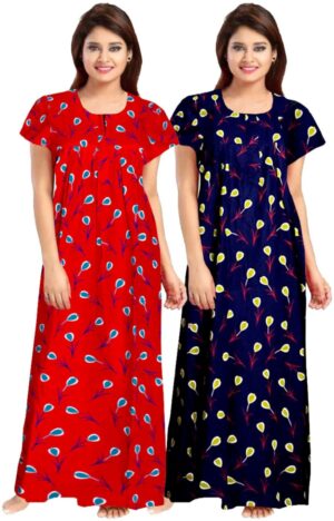 100% Cotton Nighty for Women || Long Length Printed Nighty/Maxi/Night Gown/Night Dress/Nightwear Inner & Sleepwear for Women's (Combo Pack of 2) (Red Blue)-DSMF141-Nighty (P2)Red Blue