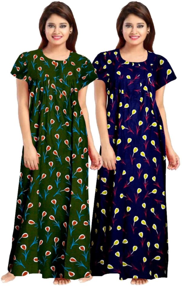100% Cotton Nighty for Women || Long Length Printed Nighty/Maxi/Night Gown/Night Dress/Nightwear Inner & Sleepwear for Women's (Combo Pack of 2) (Green Blue)-DSMF142-Nighty (P2)Green Blue