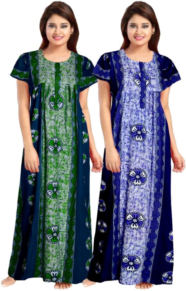 100% Cotton Nighty for Women || Long Length Printed Nighty/Maxi/Night Gown/Night Dress/Nightwear Inner & Sleepwear for Women's (Combo Pack of 2) (Green Blue)-DSMF143-Nighty (P2)Green Blue