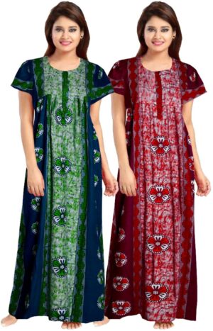 100% Cotton Nighty for Women || Long Length Printed Nighty/Maxi/Night Gown/Night Dress/Nightwear Inner & Sleepwear for Women's (Combo Pack of 2) (Green Maroon)-DSMF144-Nighty (P2)Green Maroon