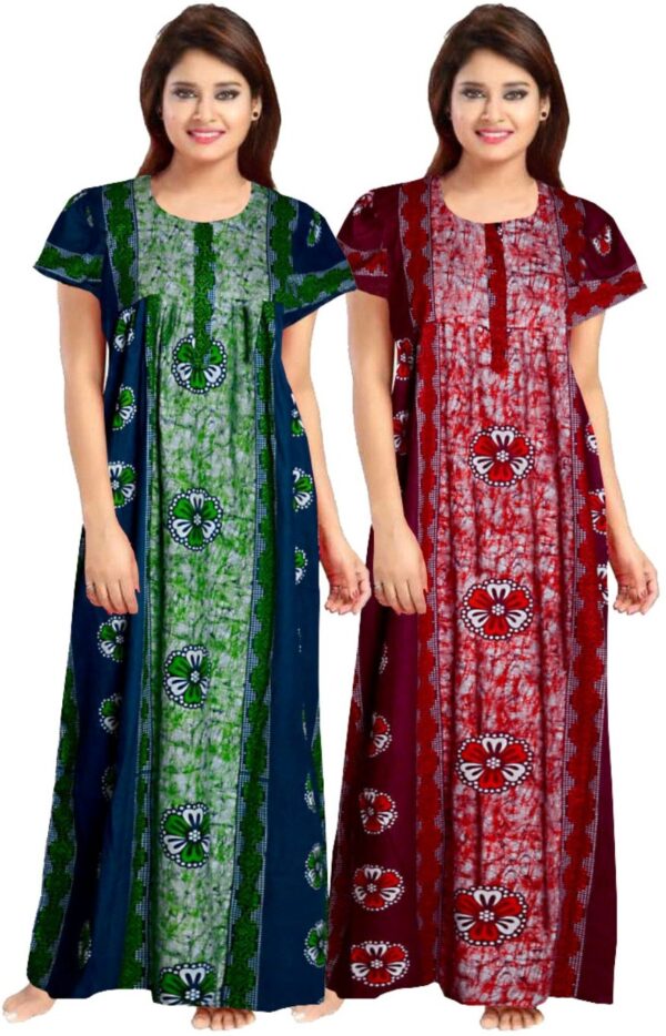 100% Cotton Nighty for Women || Long Length Printed Nighty/Maxi/Night Gown/Night Dress/Nightwear Inner & Sleepwear for Women's (Combo Pack of 2) (Green Maroon)-DSMF144-Nighty (P2)Green Maroon
