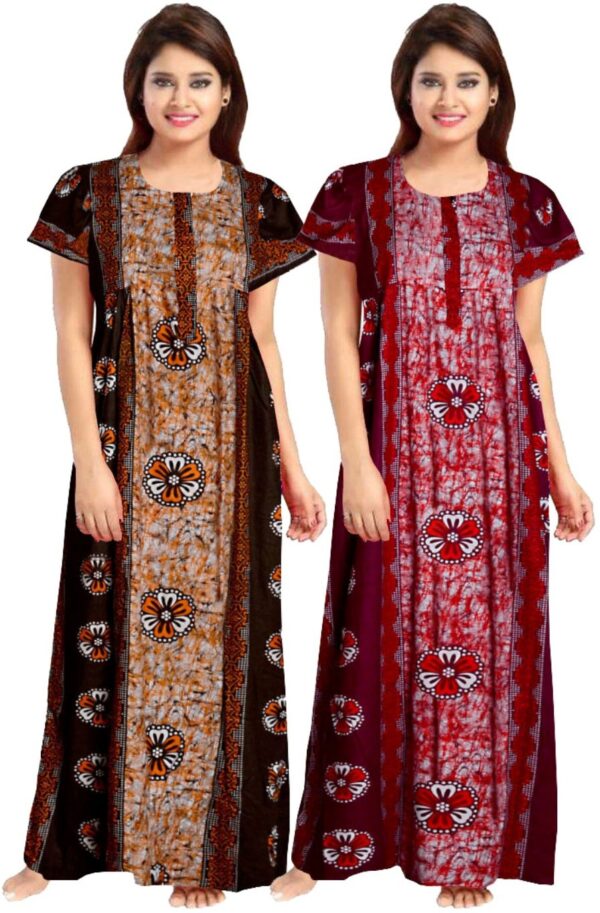 100% Cotton Nighty for Women || Long Length Printed Nighty/Maxi/Night Gown/Night Dress/Nightwear Inner & Sleepwear for Women's (Combo Pack of 2) (Yellow Maroon)-DSMF145-Nighty (P2)Yellow Maroon