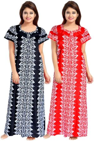 100% Cotton Nighty for Women || Long Length Printed Nighty/Maxi/Night Gown/Night Dress/Nightwear Inner & Sleepwear for Women's (Combo Pack of 2) (Black Red)-DSMF148-Nighty (P2)Black Red