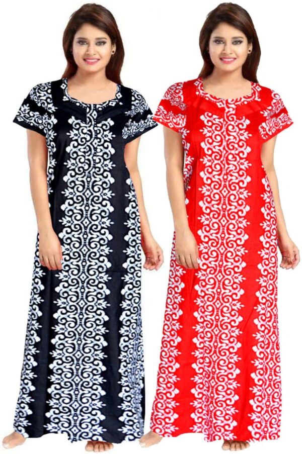 100% Cotton Nighty for Women || Long Length Printed Nighty/Maxi/Night Gown/Night Dress/Nightwear Inner & Sleepwear for Women's (Combo Pack of 2) (Black Red)-DSMF148-Nighty (P2)Black Red