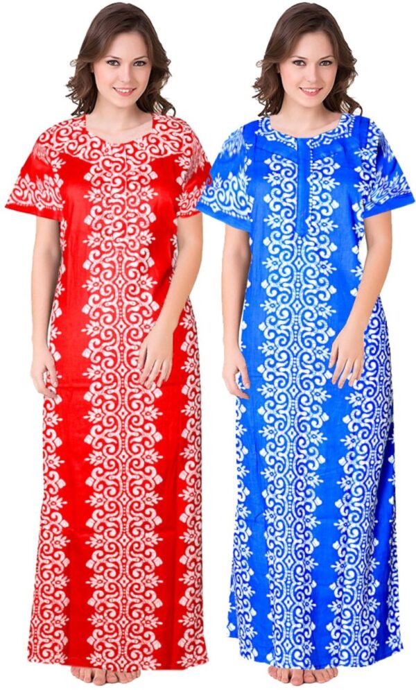 100% Cotton Nighty for Women || Long Length Printed Nighty/Maxi/Night Gown/Night Dress/Nightwear Inner & Sleepwear for Women's (Combo Pack of 2) (Red Blue)-DSMF149-Nighty (P2)Red Blue