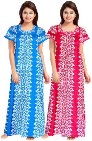 100% Cotton Nighty for Women || Long Length Printed Nighty/Maxi/Night Gown/Night Dress/Nightwear Inner & Sleepwear for Women's (Combo Pack of 2) (Blue Pink)-DSMF150-Nighty (P2)Blue Pink