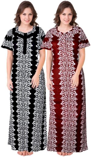 100% Cotton Nighty for Women || Long Length Printed Nighty/Maxi/Night Gown/Night Dress/Nightwear Inner & Sleepwear for Women's (Combo Pack of 2) (Black Maroon)-DSMF151-Nighty (P2)Black Maroon