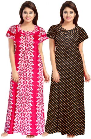 100% Cotton Nighty for Women || Long Length Printed Nighty/Maxi/Night Gown/Night Dress/Nightwear Inner & Sleepwear for Women's (Combo Pack of 2) (Pink Orange)-DSMF152-Nighty (P2)Pink Orange